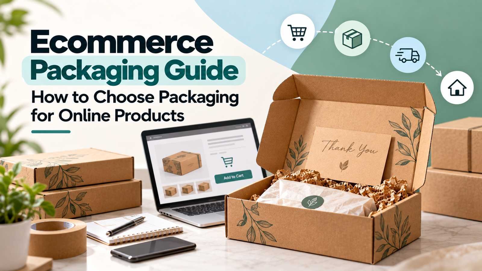 Ecommerce packaging guide showing a custom kraft mailer box, online shopping workflow, and branded packaging