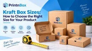 Kraft box sizes guide showing different PrintnBox kraft boxes and measuring tape