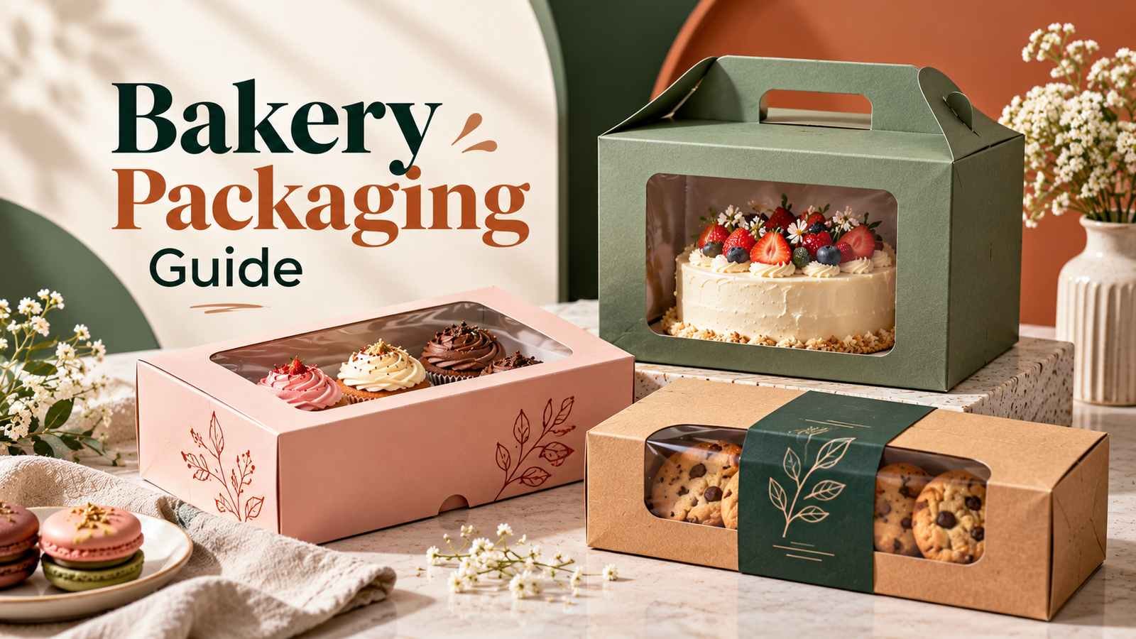 Three bakery packaging boxes in sage green, blush pink, and kraft brown displaying a cake, cupcakes, and cookies.