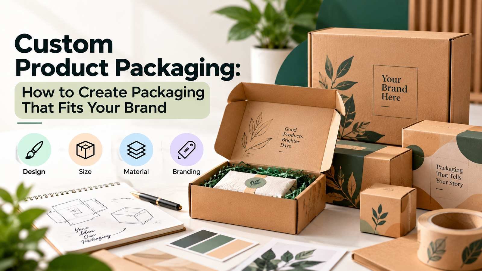 Custom product packaging with kraft boxes, branded designs, packaging concepts, and product presentation