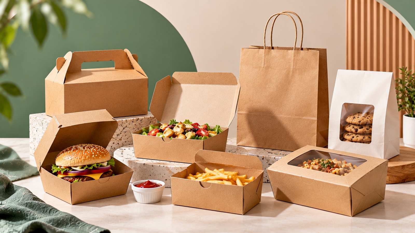 Assorted kraft food packaging boxes and paper bags holding takeaway meals, salad, fries, and cookies in a clean modern studio setting.