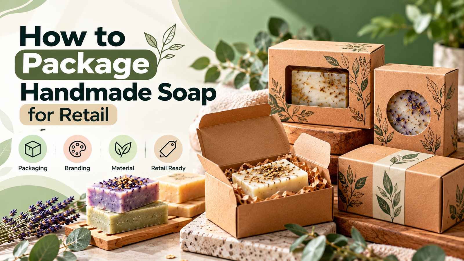 Handmade soap bars in botanical kraft packaging with retail-ready boxes, branding, and natural materials