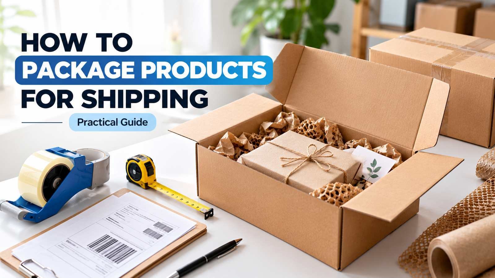 How to package products for shipping with a kraft shipping box, protective packaging materials, measuring tape, and shipping label