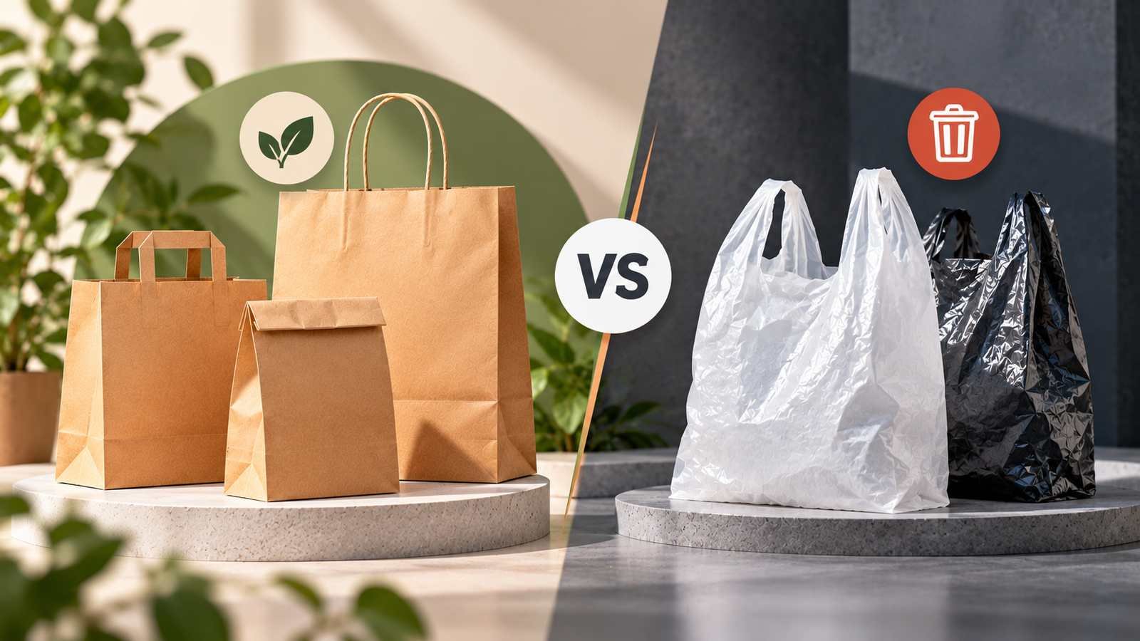 Side-by-side comparison of kraft paper shopping bags and plastic shopping bags with a central versus symbol.