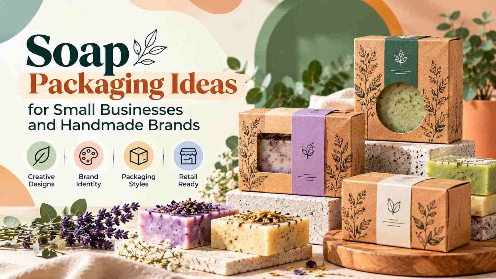 Custom kraft soap packaging boxes and handmade soap bars in botanical designs, illustrating soap packaging ideas for small businesses and handmade brands.
