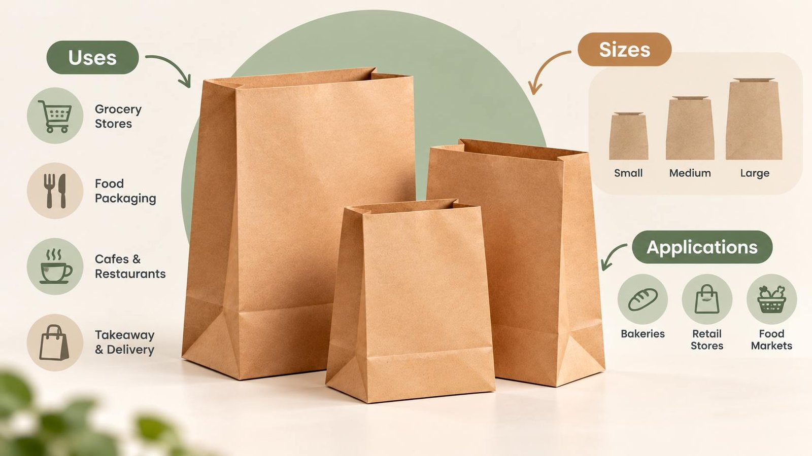 Kraft SOS paper bags in small, medium, and large sizes, with uses in grocery stores, food packaging, cafes, bakeries, retail, and takeaway.